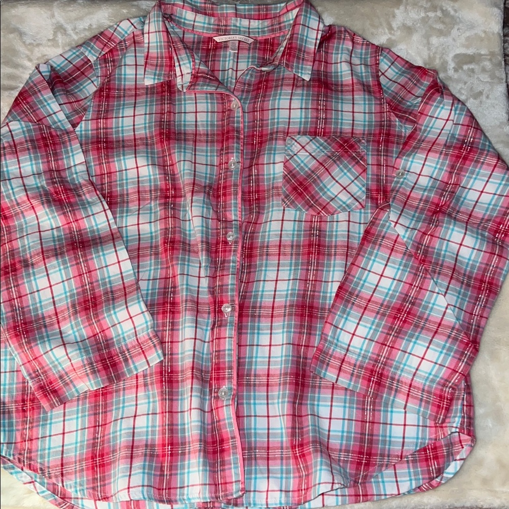 VICTORIA’S SECRET  🛌😴 LK NW COTTON PINK RED BLUE PLAID PAJAMAS Petite XL Short - Picture 3 of 10